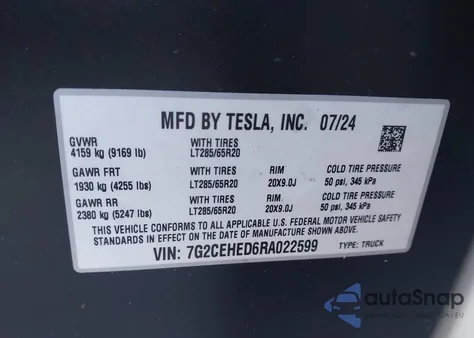 2024 Tesla Cybertruck All-Wheel Drive из США, поврежденный, VIN 7G2CEHED6RA022599